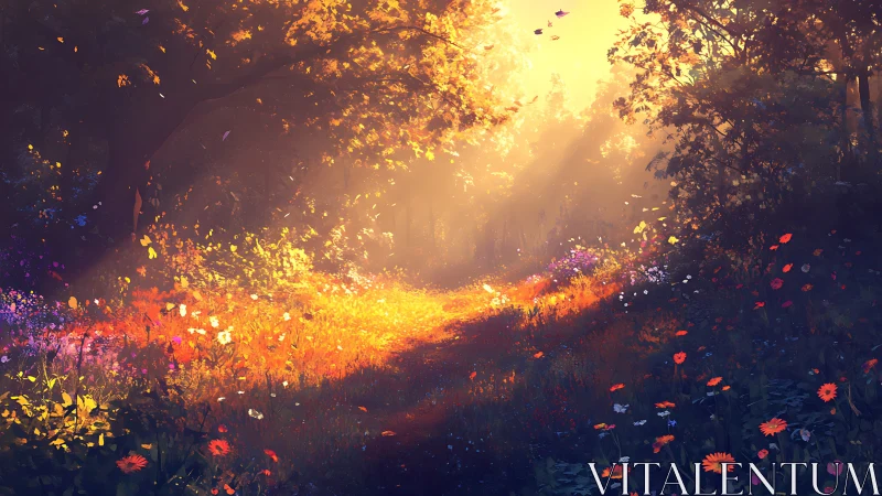 Sunlit woodland meadow with glowing wildflower tapestry.