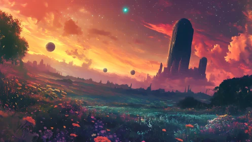 Alien meadow under vivid sunset sky and floating moons.