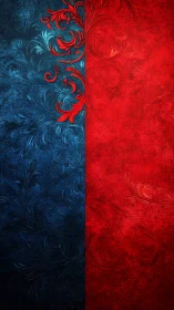 Bold red and blue flourish design with elegant textures.