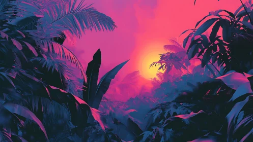 Neon sunset filtering through dense tropical foliage.