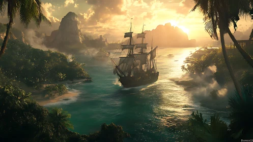 A Majestic Sailing Vessel Explores Tropical Island Shores