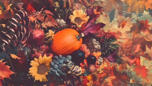 Glowing autumn harvest gathers pumpkins, fruit, and flowers