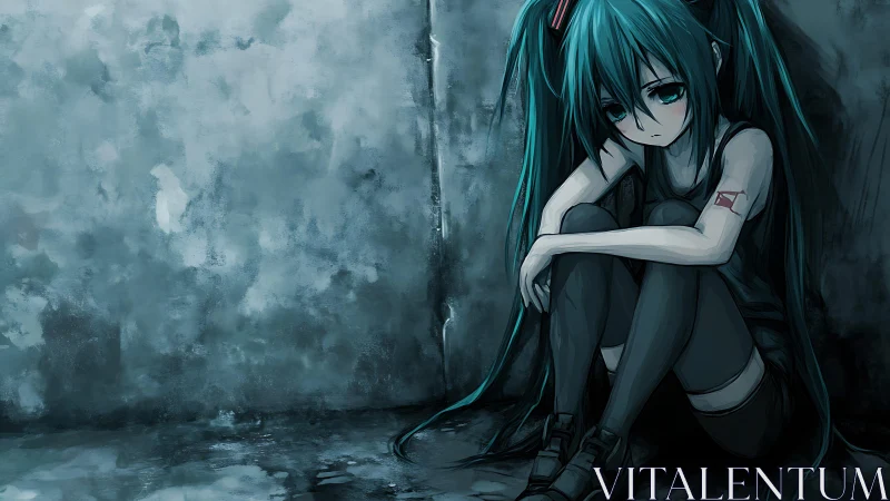 Melancholic teal-haired girl in shadowed concrete corner.