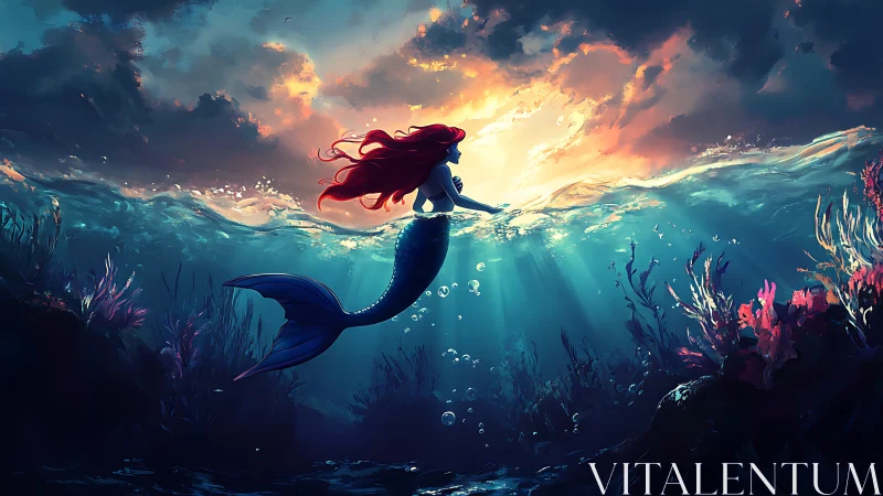 Backlit mermaid silhouette intersects surface caustics and sunset rays