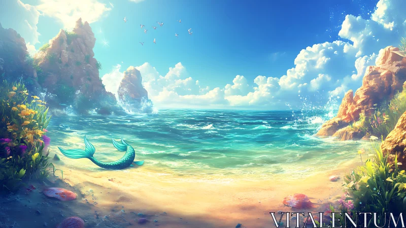 Iridescent mermaid tail on sunlit fantasy shoreline panorama.