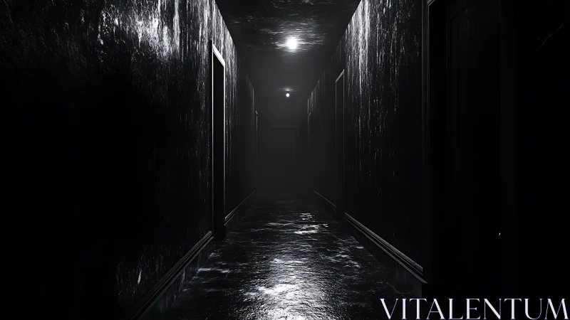 Glistening dark corridor under stark overhead lighting.