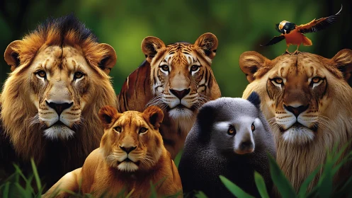 Wildlife Composition: Lion, Tiger, Lioness with Black Bear.