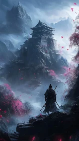 Samurai silhouette before mist-shrouded mountain citadel