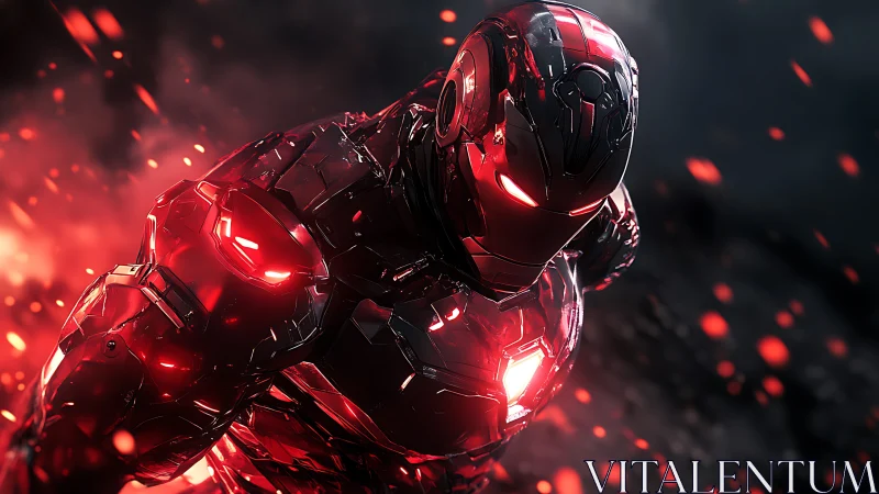 Crimson armored cyborg surges through embers in dynamic motion.