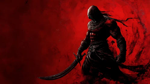 Shrouded warrior with curved blade amid swirling crimson void.