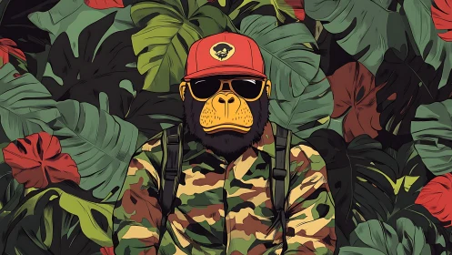 Stylized gorilla soldier wears red cap amid dense jungle