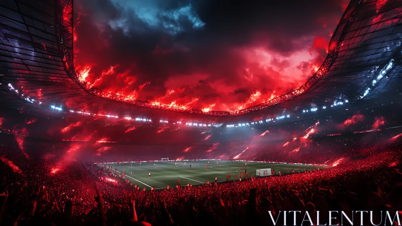 Panoramic night stadium with red flare illumination and dense crowd