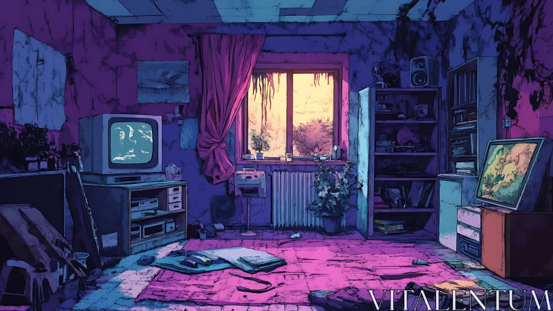 Derelict neon-lit living room contrasts CRT glow and sunset window