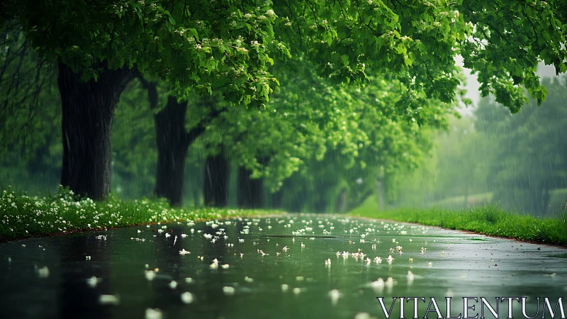 Rain-kissed parkway where green trees hush the afternoon.