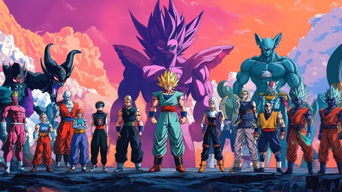 Anime warriors lineup under vivid sunset sky panorama.