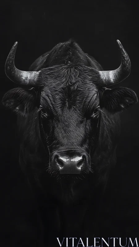 Monochrome frontal bull portrait in high-contrast chiaroscuro.