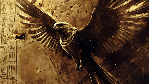 Egyptian falcon deity rising against eroded sandstone wall