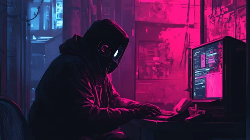 Nighttime coder glows in neon pink and blue city light.