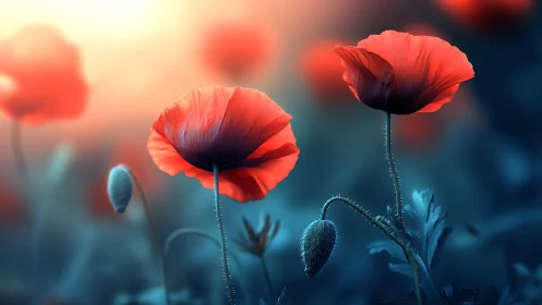 Backlit Poppies with Selective Focus and Depth of Field