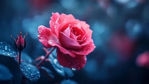 Red rose with water droplets against blurred blue background