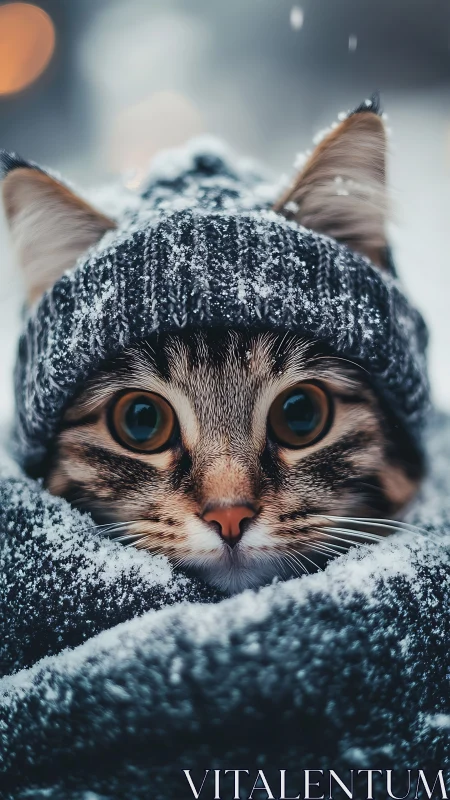 Tabby Cat Portrait with Snow-Covered Knit Beanie and Enhanced Feline Facial Features