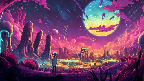 Vibrant alien valley under oversized luminous planet in neon palette
