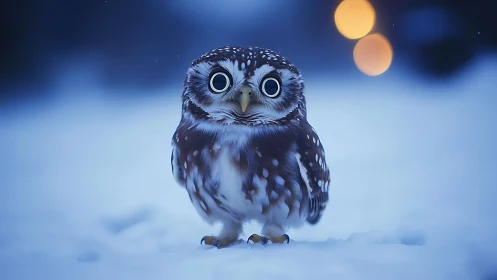 Cute wide-eyed owl in snowy landscape at dusk, whimsical style.
