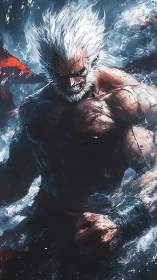 Storm-forged elder warrior strides through painted chaos