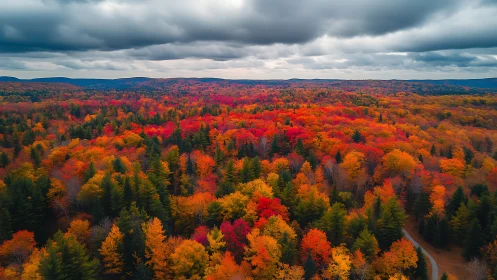 Vibrant autumn forest glows beneath brooding storm clouds