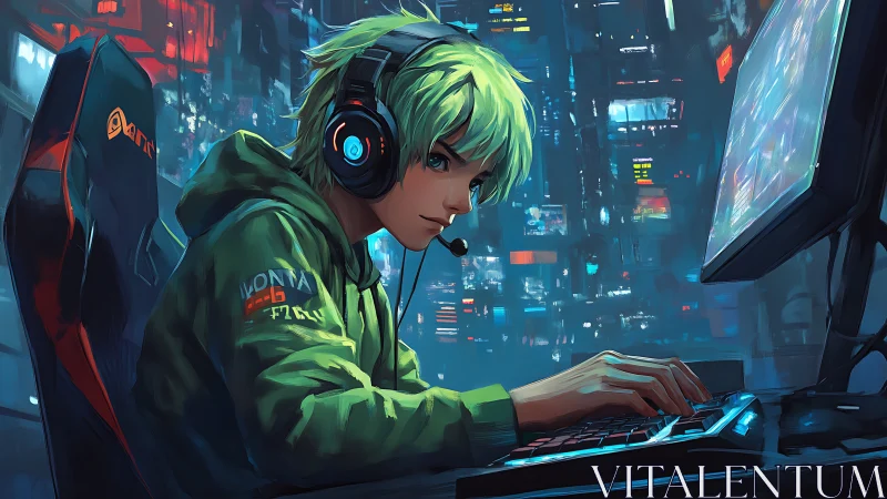 Neon city gamer locked into a late night digital adventure.