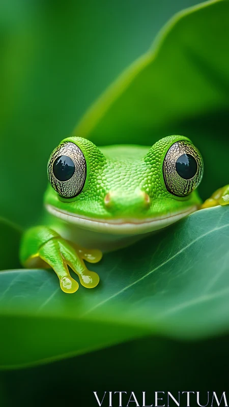 Close-up green frog portrait resting on lush leaf surface.