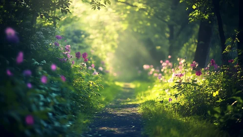 Sunlit Forest Path with Wildflowers in Dreamy Morning Light.