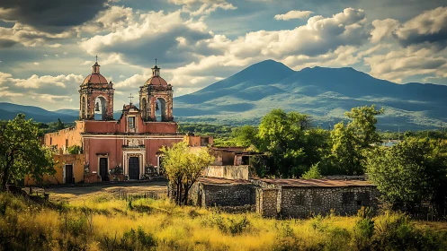 Historic rural church and stone buildings before mountains.
