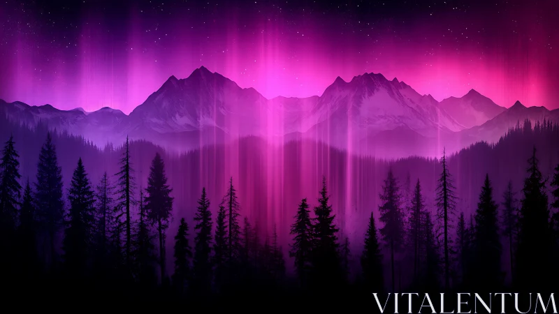 Aurora-illuminated alpine skyline renders layered forest silhouettes