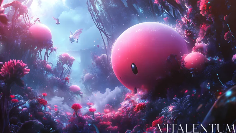 Spherical creatures within luminous bioluminescent forest.