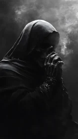 Backlit skeletal reaper in hooded cloak rendered with high contrast