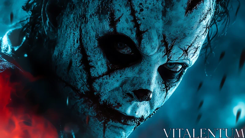 Sinister clown face emerges from blue firelit darkness.