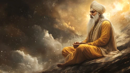 Elderly turbaned man meditating on rocky ledge in clouds.