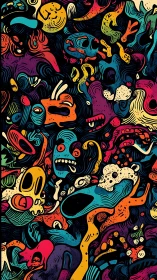 Neon nightmare parade of grinning goblins and melting skulls.