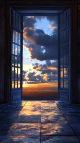 Doorway of molten skylight and cloud-draped horizons.
