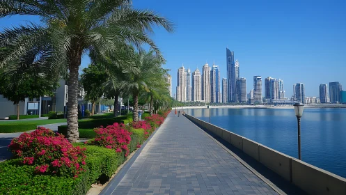 Waterfront promenade with palm trees and modern skyline.