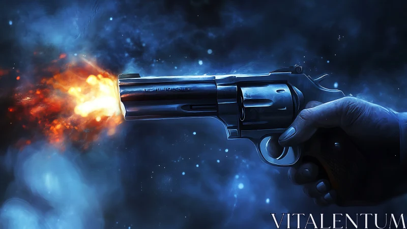 Digital painting of revolver muzzle flash in deep blue void.