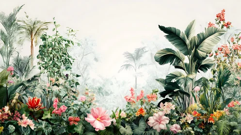 Botanical garden scene with layered tropical plants and flowering blooms