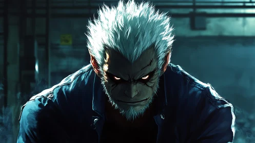 White‑haired beast leans from the shadows and dares the light