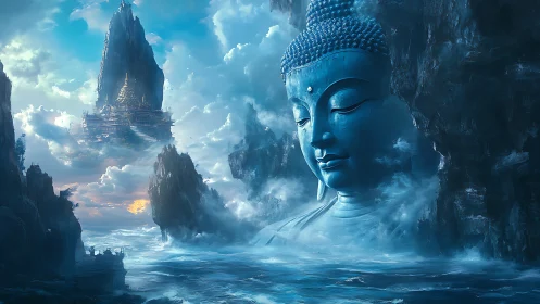 Colossal serene Buddha face emerges above mystical sea.
