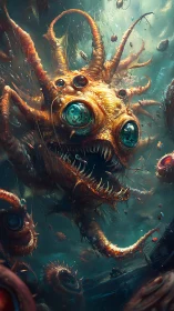 Multi-eyed tentacled sea creature in deep underwater scene.
