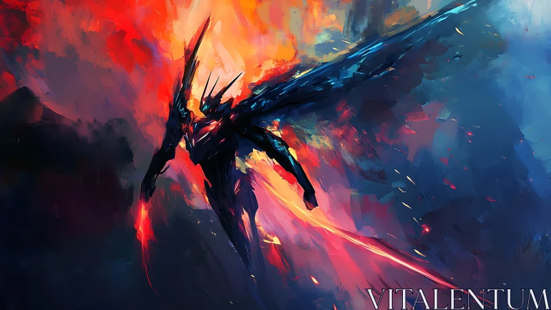Armored fire angel dives through blazing cosmic storm