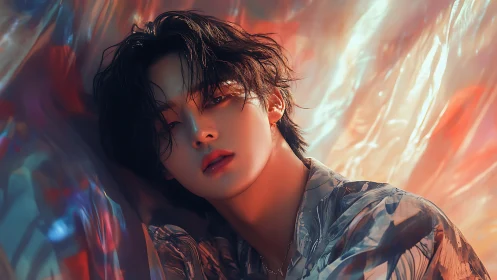 Androgynous portrait in iridescent bokeh lighting and soft focus