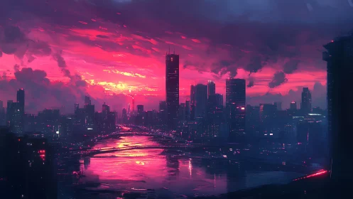 Neon soaked futuristic city skyline at vivid sunset.
