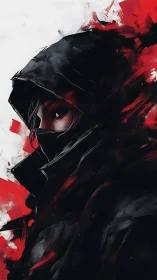 Hooded masked figure rendered in stark red, black and white
